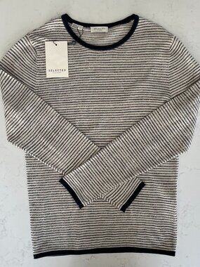 Selected Homme SLHDEAN Mix Crew Nk LS Striped Lightweight Sweater Navy Bone Wt S